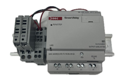 ASP controller unit with relays and fuses on a DIN rail